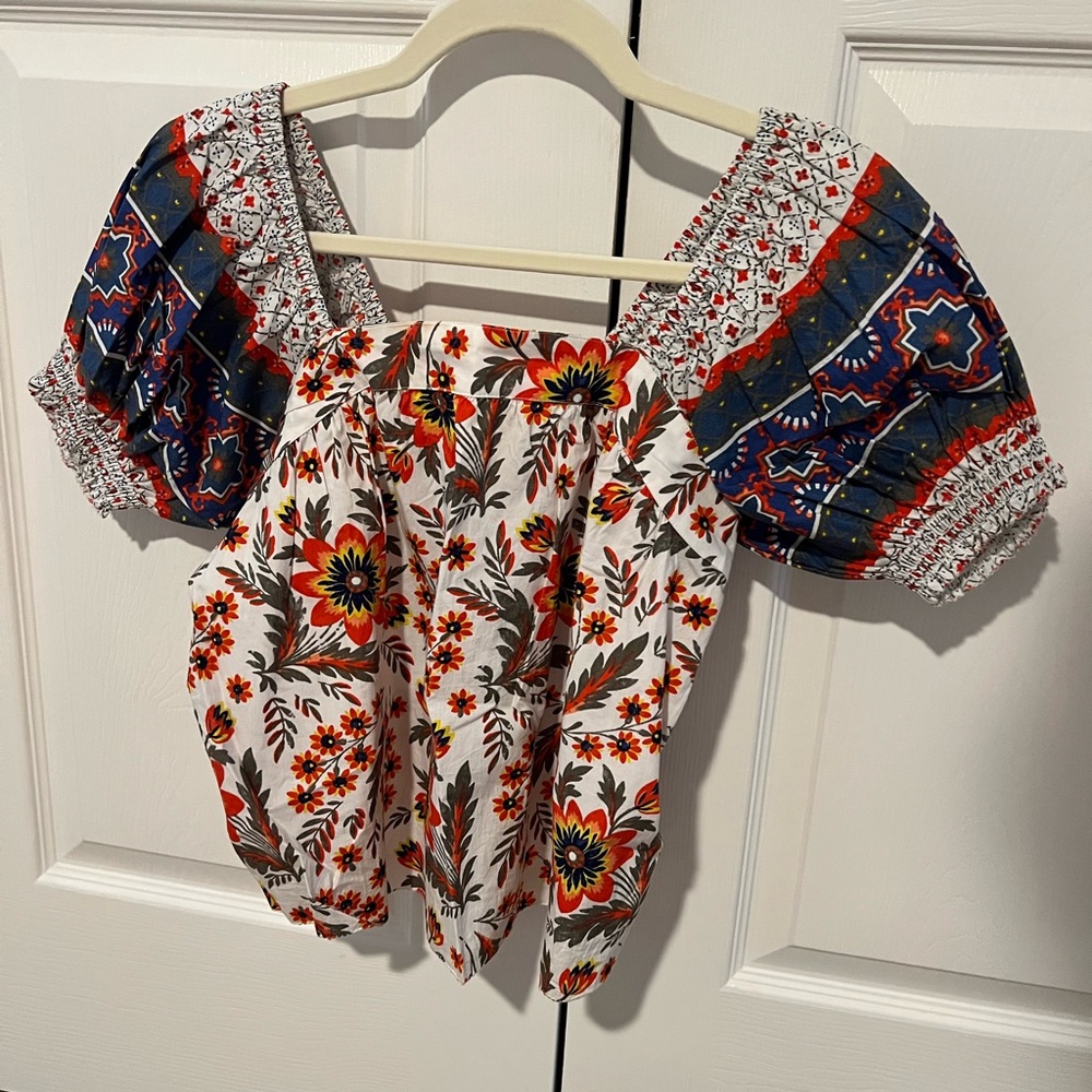 Joie White Floral Peasant Blouse with Red & Blue Accents